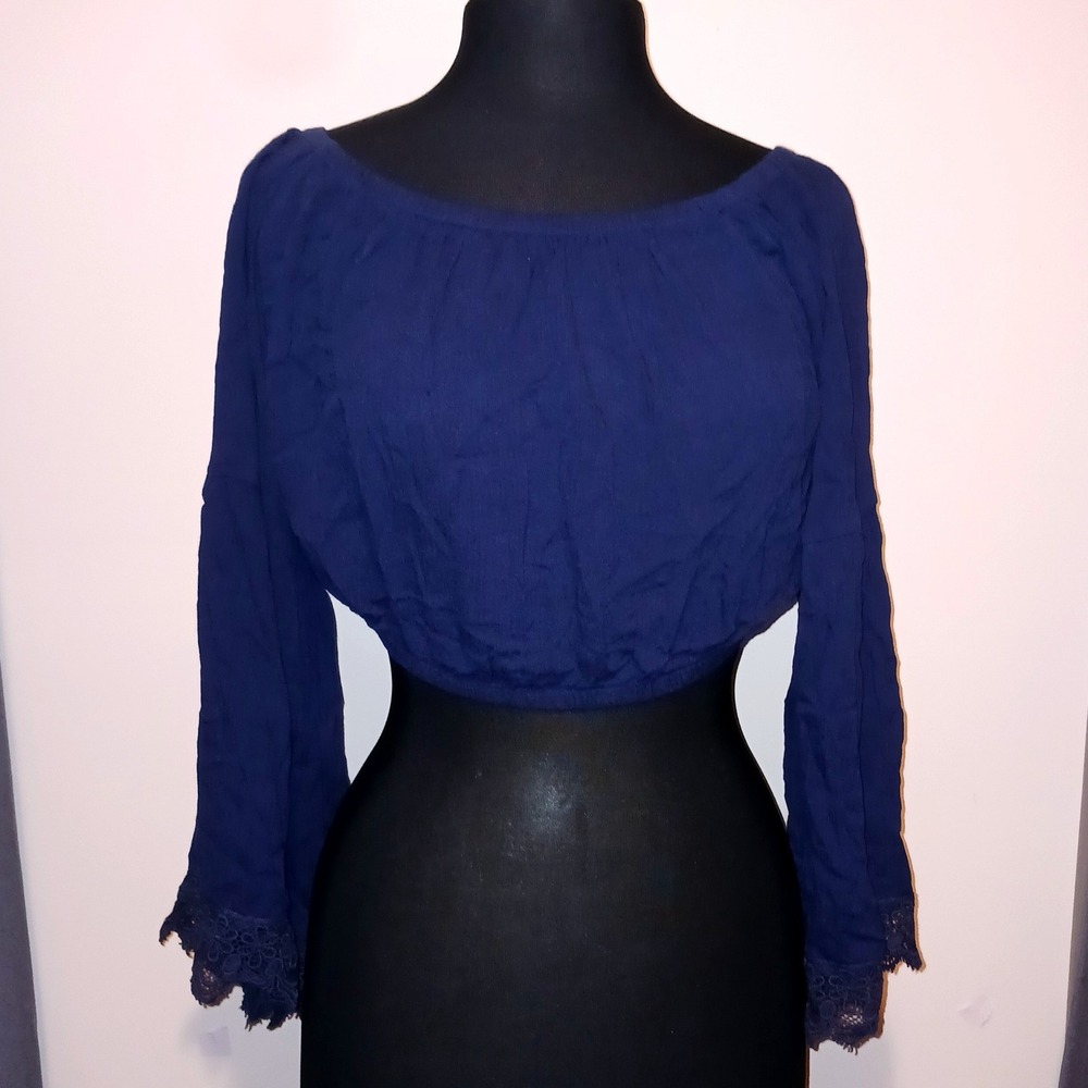 New Renaissance Ren Fair Boho Coquette Speed Limit Navy Bell Sleeve Crop Top XL